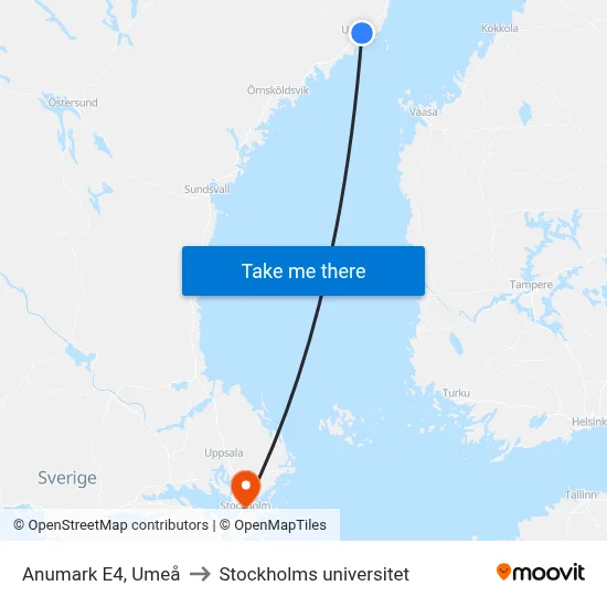 Anumark E4, Umeå to Stockholms universitet map