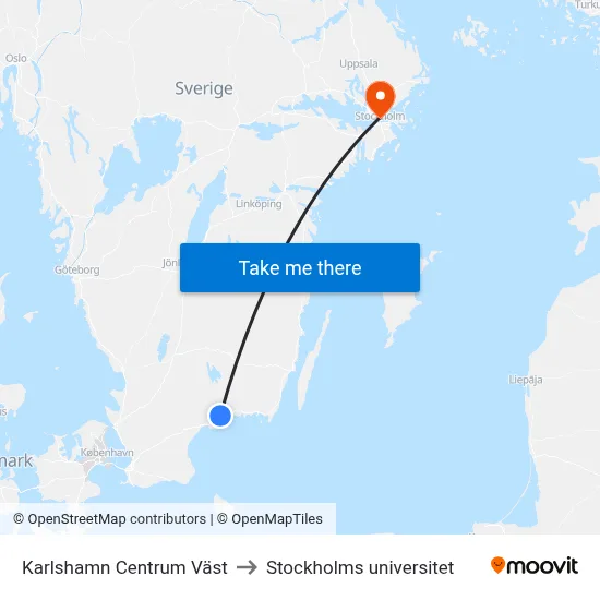 Karlshamn Centrum Väst to Stockholms universitet map