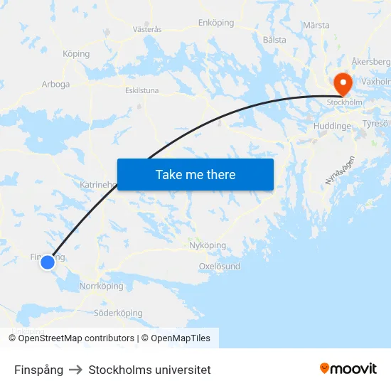 Finspång to Stockholms universitet map