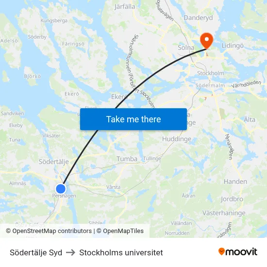 Södertälje Syd to Stockholms universitet map