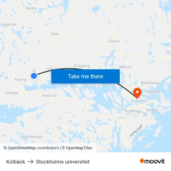 Kolbäck to Stockholms universitet map