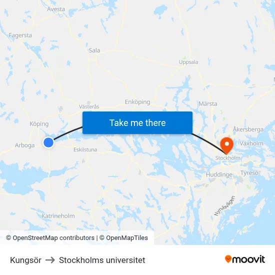 Kungsör to Stockholms universitet map