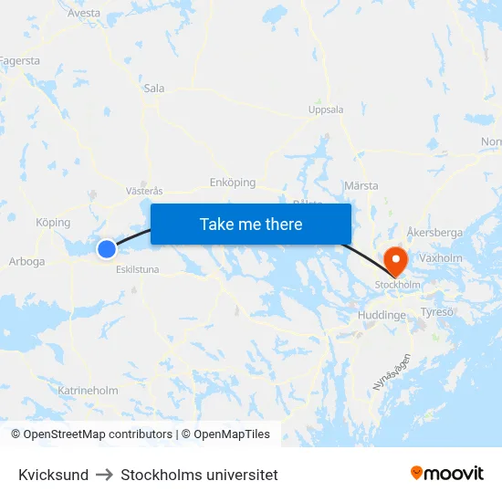 Kvicksund to Stockholms universitet map