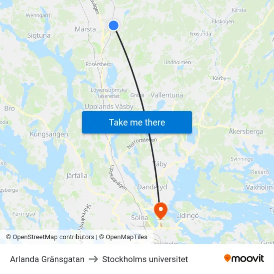 Arlanda Gränsgatan to Stockholms universitet map