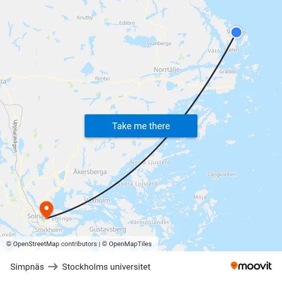 Simpnäs to Stockholms universitet map