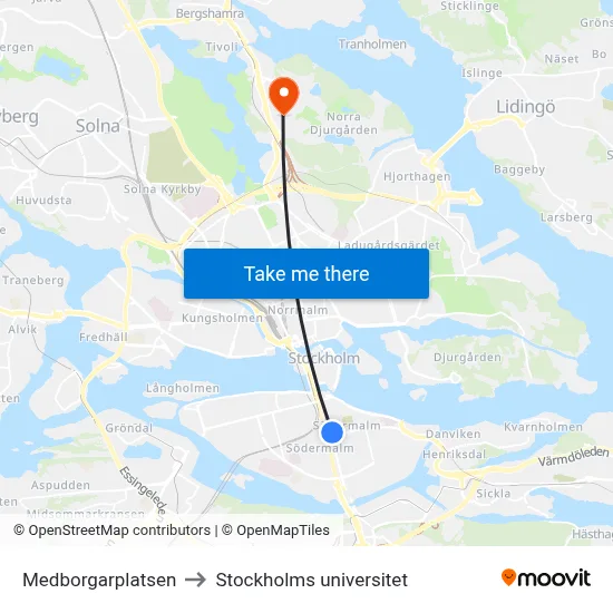Medborgarplatsen to Stockholms universitet map