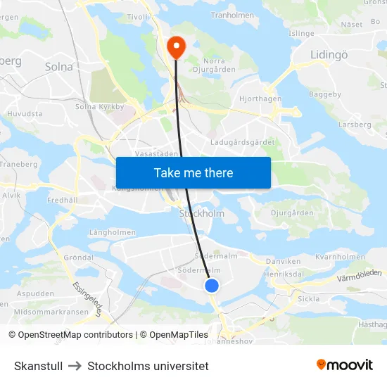 Skanstull to Stockholms universitet map