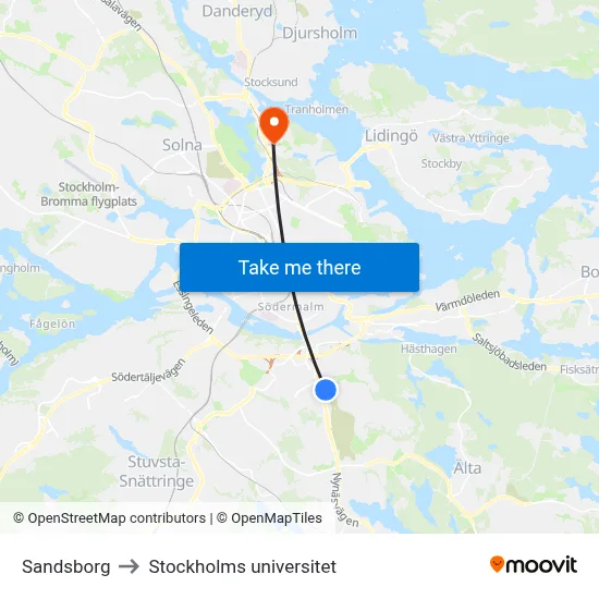 Sandsborg to Stockholms universitet map