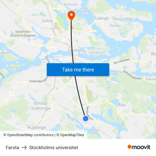 Farsta to Stockholms universitet map