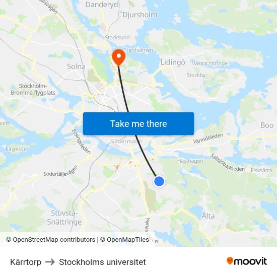 Kärrtorp to Stockholms universitet map