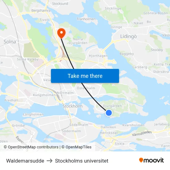 Waldemarsudde to Stockholms universitet map