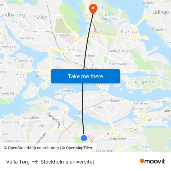 Valla Torg to Stockholms universitet map