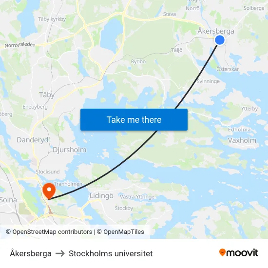 Åkersberga to Stockholms universitet map