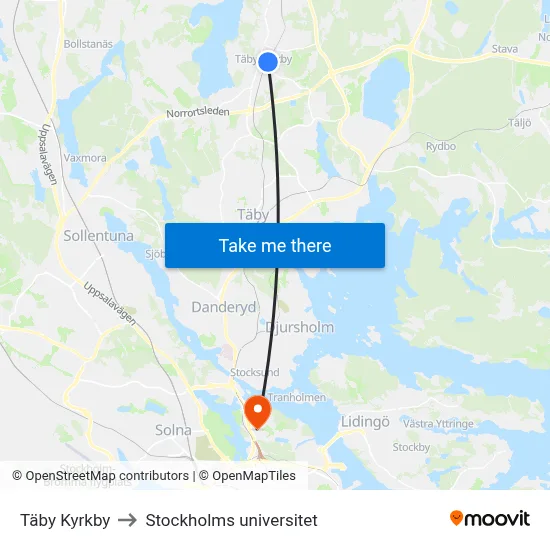 Täby Kyrkby to Stockholms universitet map