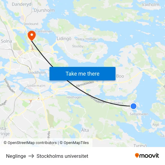 Neglinge to Stockholms universitet map