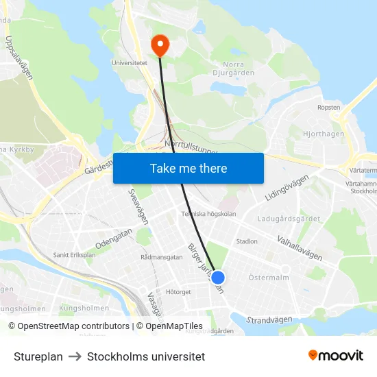 Stureplan to Stockholms universitet map