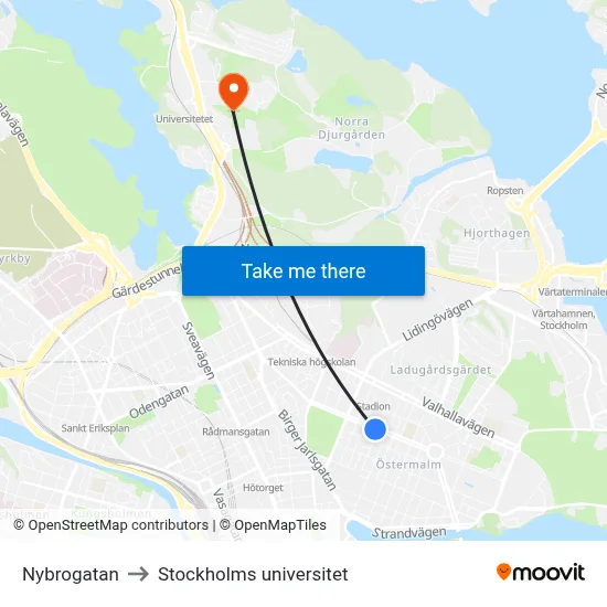 Nybrogatan to Stockholms universitet map