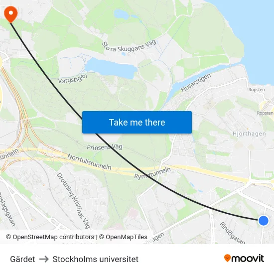 Gärdet to Stockholms universitet map