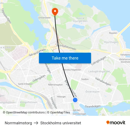 Norrmalmstorg to Stockholms universitet map
