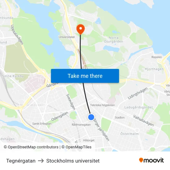 Tegnérgatan to Stockholms universitet map