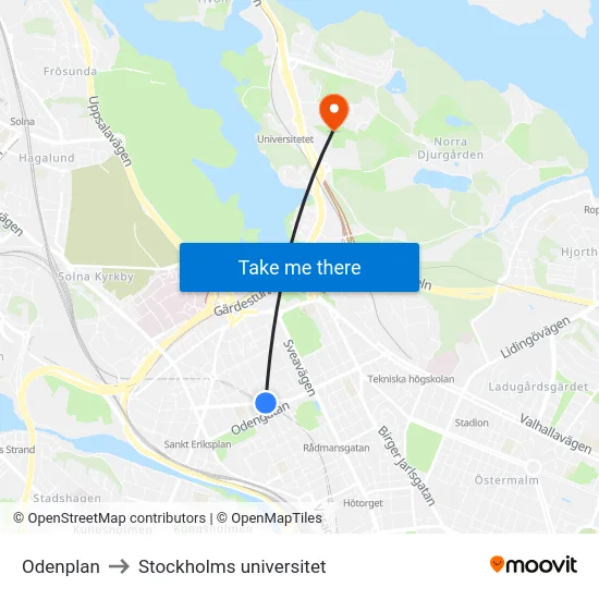 Odenplan to Stockholms universitet map