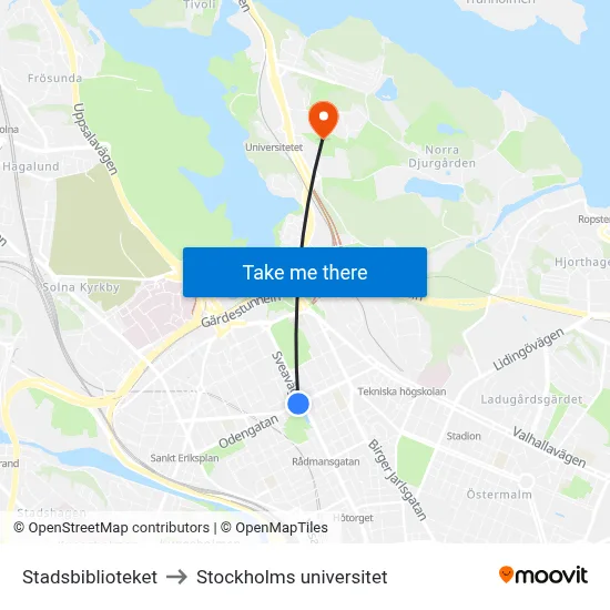 Stadsbiblioteket to Stockholms universitet map