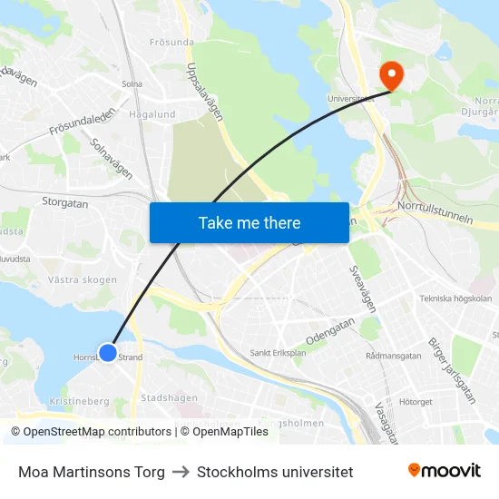 Moa Martinsons Torg to Stockholms universitet map