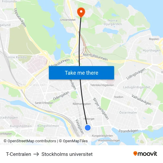 T-Centralen to Stockholms universitet map