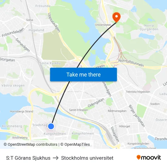 S:T Görans Sjukhus to Stockholms universitet map