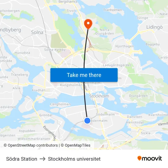Södra Station to Stockholms universitet map