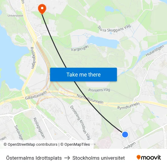 Östermalms Idrottsplats to Stockholms universitet map