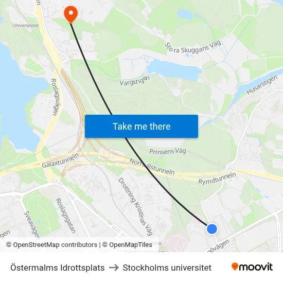 Östermalms Idrottsplats to Stockholms universitet map