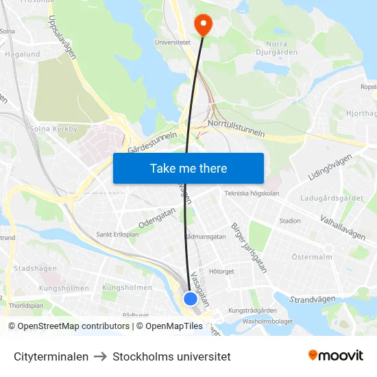 Cityterminalen to Stockholms universitet map