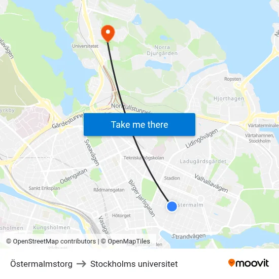 Östermalmstorg to Stockholms universitet map