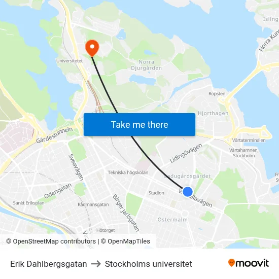 Erik Dahlbergsgatan to Stockholms universitet map