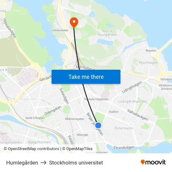 Humlegården to Stockholms universitet map