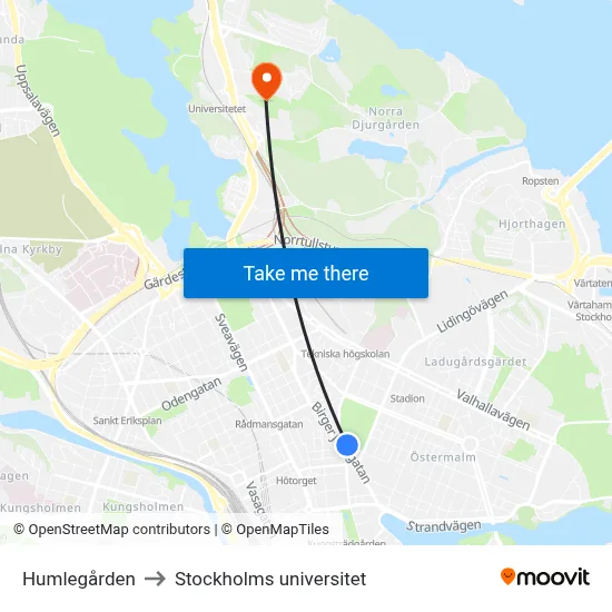 Humlegården to Stockholms universitet map