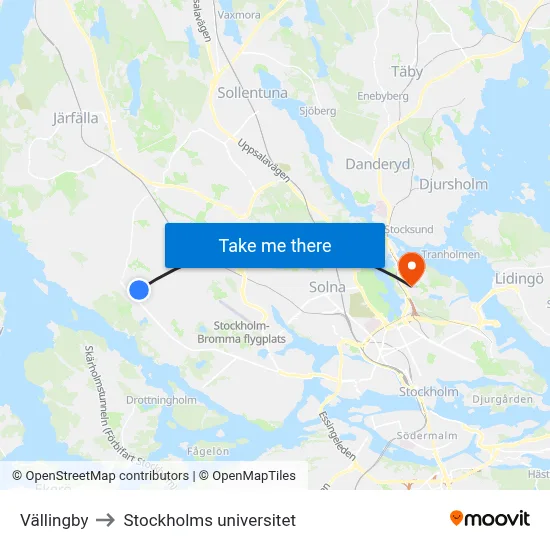 Vällingby to Stockholms universitet map
