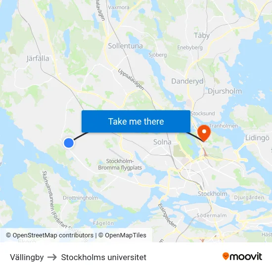 Vällingby to Stockholms universitet map