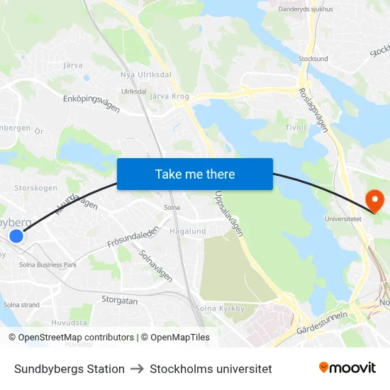 Sundbybergs Station to Stockholms universitet map