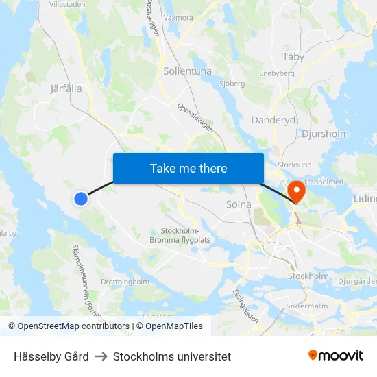 Hässelby Gård to Stockholms universitet map