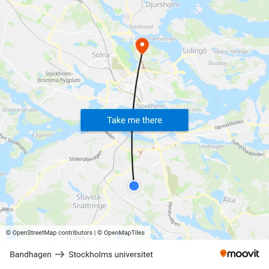 Bandhagen to Stockholms universitet map