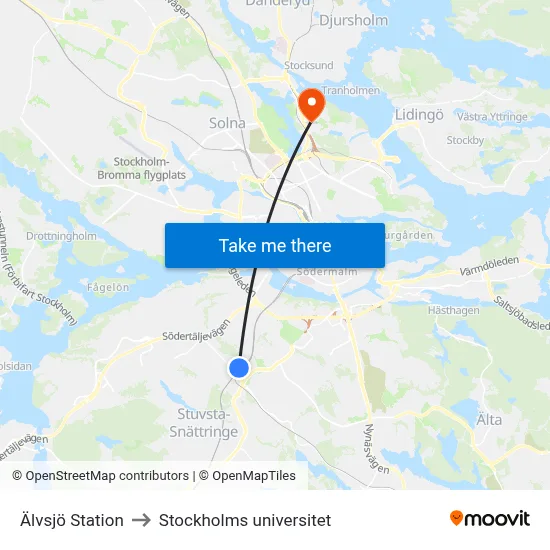 Älvsjö Station to Stockholms universitet map