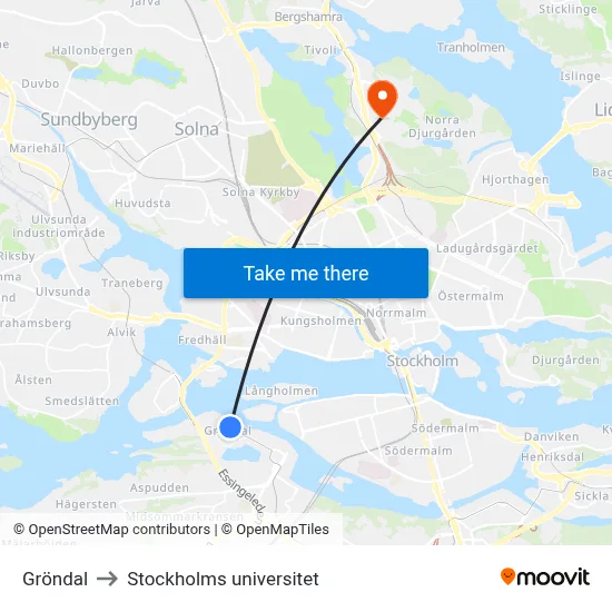 Gröndal to Stockholms universitet map