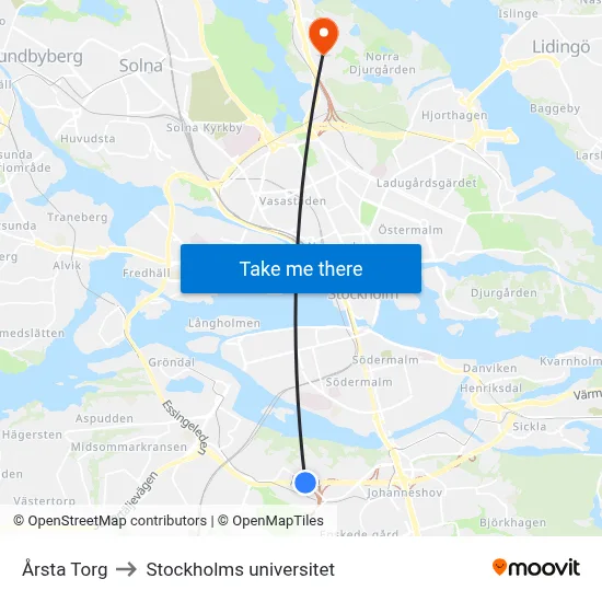 Årsta Torg to Stockholms universitet map