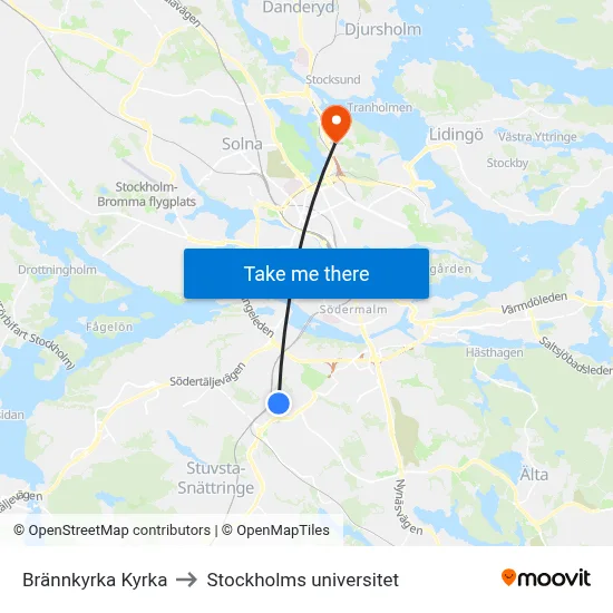 Brännkyrka Kyrka to Stockholms universitet map