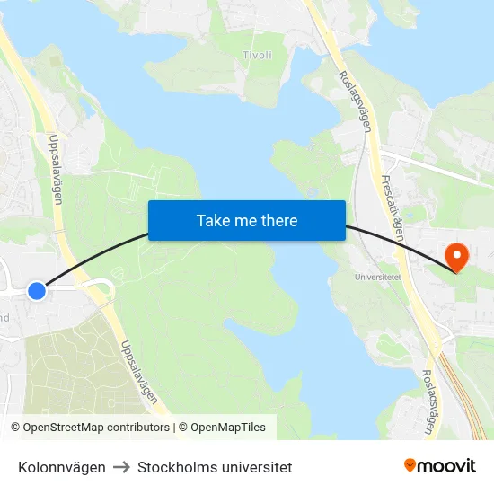 Kolonnvägen to Stockholms universitet map
