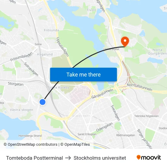 Tomteboda Postterminal to Stockholms universitet map