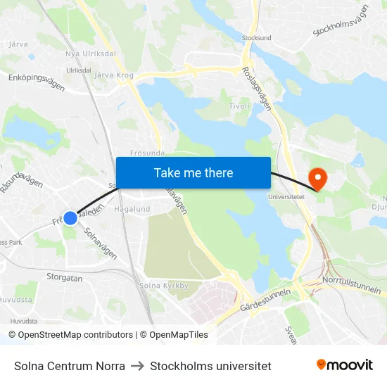 Solna Centrum Norra to Stockholms universitet map