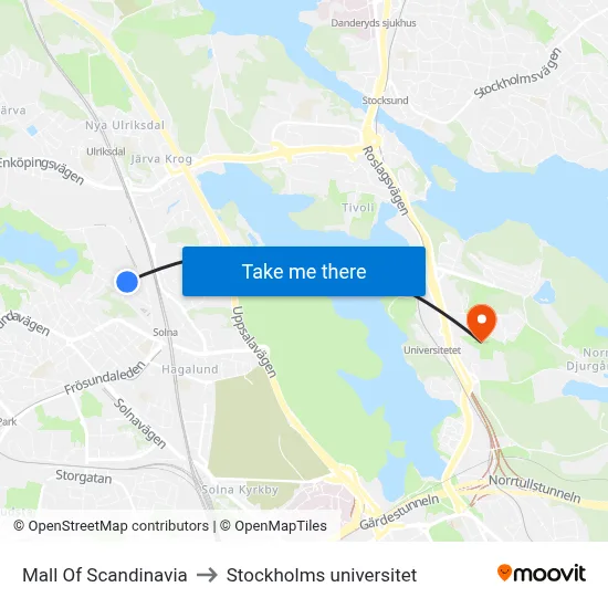Mall Of Scandinavia to Stockholms universitet map